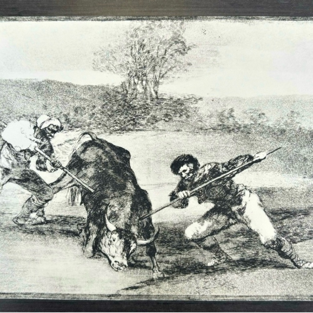 SPANIARDS HUNTED BULLS ON FOOT Original Antique Vintage Fine Art GOYA Print 60’s